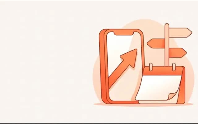 上向き矢印のスマートフォンとカレンダー、乗り換え先を示す道標のイラスト