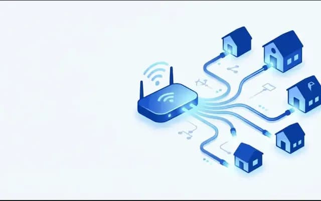 ルーターから複数の光ファイバーが各家庭へ広がる、光回線比較のイラスト