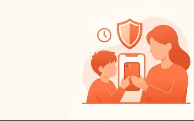 親子でスマートフォンを見る様子と、フィルタリングの盾と時計のイラスト