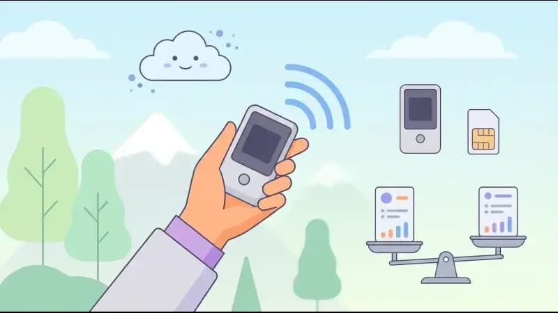 手に持つポケットWi-Fi、SIM、天秤で2つの料金プランを比べるイメージ