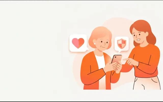 高齢の方と家族がスマートフォンを一緒に見る、ハートと盾のイラスト