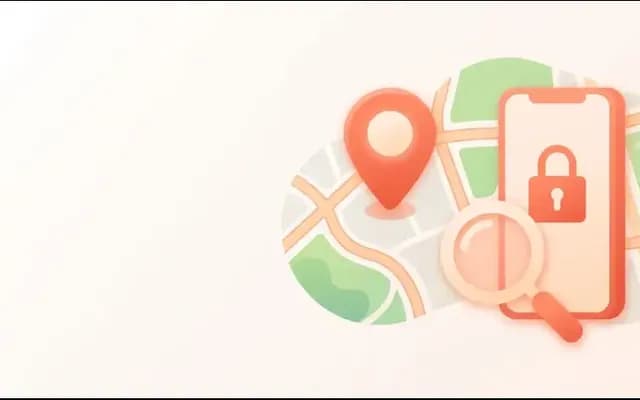 地図の位置ピンと、鍵マークのスマートフォン、虫眼鏡のイラスト