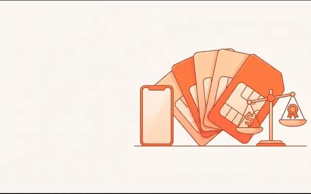 扇状に並べた複数のSIMカードとスマートフォン、料金と品質を量る天秤のイラスト