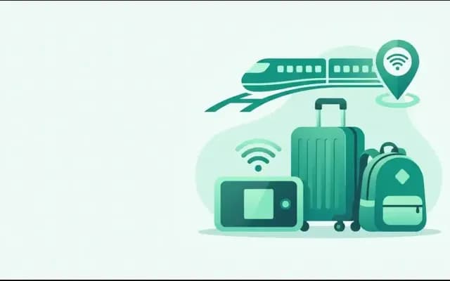 モバイルルーターとスーツケース、電車と地図ピンの旅行イラスト