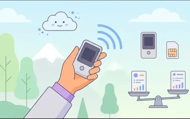 手に持つポケットWi-Fi、SIM、天秤で2つの料金プランを比べるイメージ